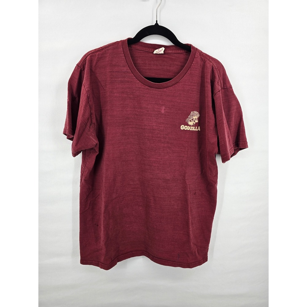 Godzilla Mens XL Burgundy Red Graphic T-Shirt Vintage Style Toho Co Ltd Ship Art